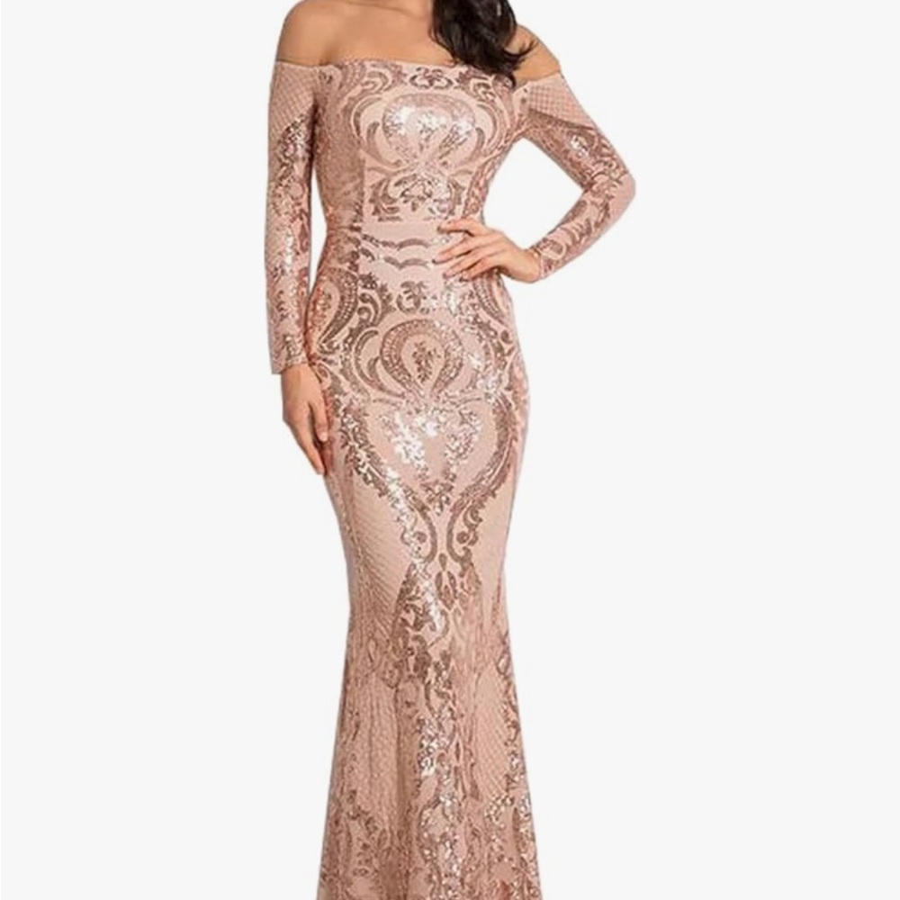 Off-Shoulder Long Sleeve Sequin Mermaid Gown in Rose Gold
